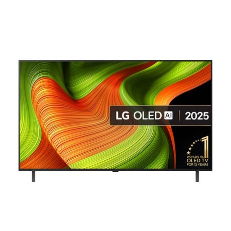 55-inch LG OLED Smart TV featuring a vibrant, swirling green and orange abstract display, Dolby Vision and Atmos support, and a sleek black frame with minimal bezels.