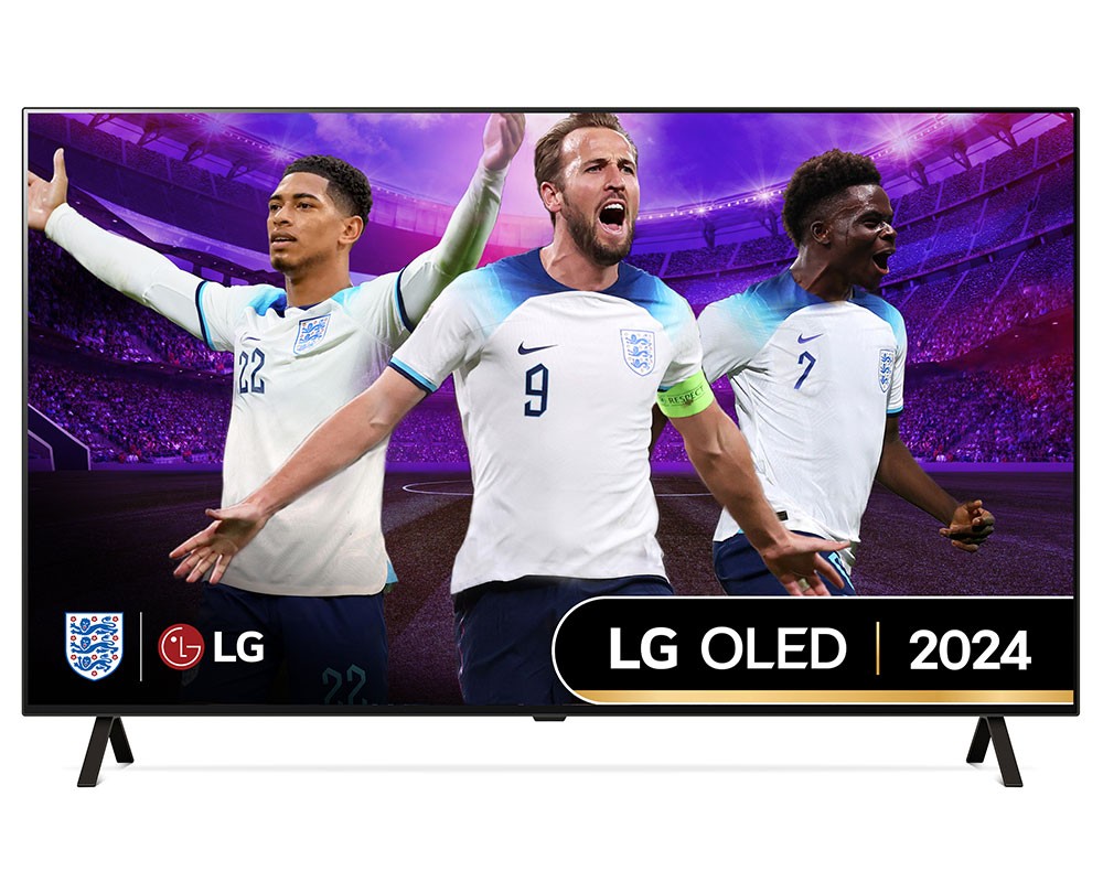 55-inch LG OLED TV featuring a sleek black design, 4K Ultra HD resolution, smart capabilities, and vibrant colors displayed on the screen with sports imagery.