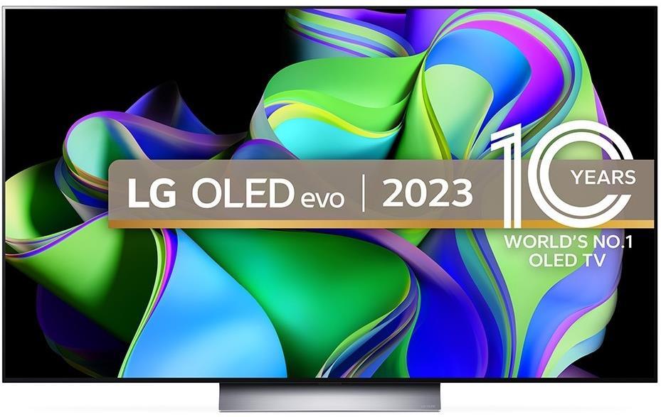 LG OLED55C36LC 55" Evo C3 OLED 4K HDR Smart TV featuring a sleek silver stand, vibrant multicolored abstract design, and a prominent "10 Years" anniversary badge.