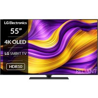 55" LG OLED Smart TV with thin bezel, 4K display, HDR10 support, vibrant purple and gold abstract screen.
