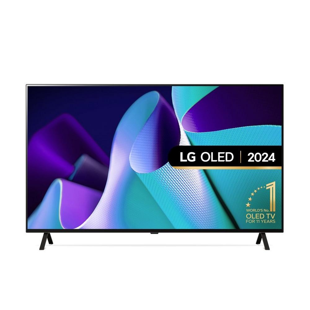 65" LG OLED B4 TV featuring a sleek black frame, vibrant 4K HDR display with abstract colorful graphics, and a modern stand, highlighting its award-winning OLED technology.