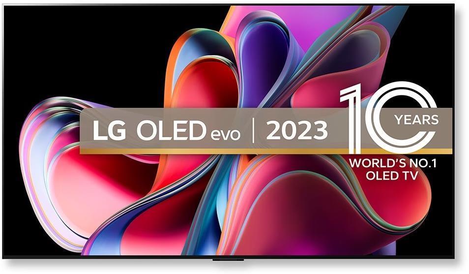 LG OLED65G36LA 65" Evo G3 OLED 4K HDR Smart TV features a sleek design with vibrant colors and a modern aesthetic, highlighting its 10-year anniversary as a leading OLED TV.