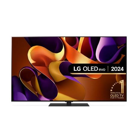 LG OLED 65" 4K Ultra HD Smart TV in silver with a sleek design, featuring vibrant colors and a modern display showcasing dynamic abstract graphics.