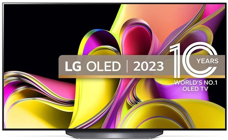 LG OLED77B36LA 77" B3 OLED 4K HDR Smart TV featuring a vibrant display with swirling colors, sleek black frame, and a prominent "10 Years" anniversary badge.