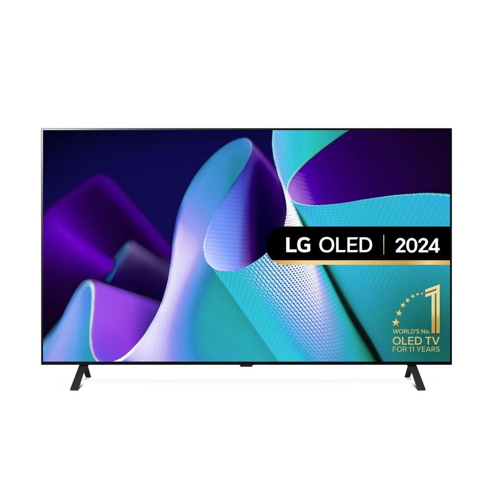 LG OLED77B42LA 77-inch B4 4K Ultra HD HDR OLED Smart TV features a sleek black frame with vibrant, colorful abstract display and modern stand, showcasing cutting-edge technology for 2024.