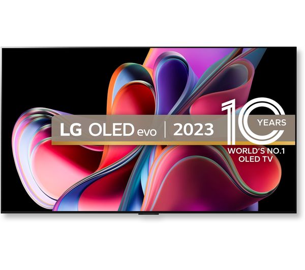 77-inch LG OLED Evo G3 4K HDR Smart TV featuring vibrant, swirling colors on the screen, with a sleek black frame and a prominent "10 Years" anniversary badge.