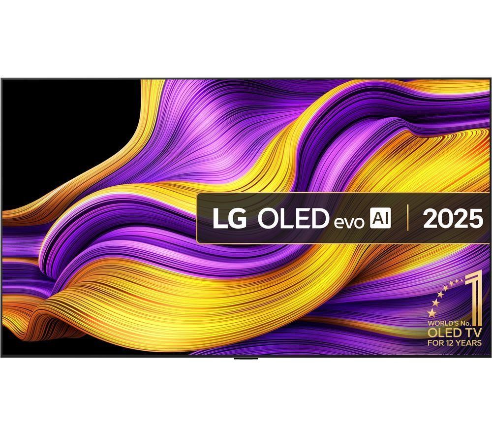 LG OLED evo AI 2025 TV featuring a vibrant purple and yellow abstract design, showcasing its sleek black frame and prominent branding on the screen.