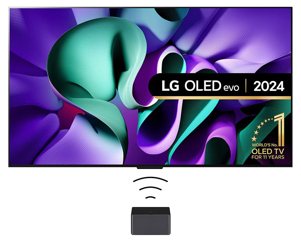 LG OLED83M49LA 83" M4 OLED Evo 4K HDR Smart TV features a sleek design with vibrant green and purple abstract patterns on the screen and a compact Zero Connect Box below.