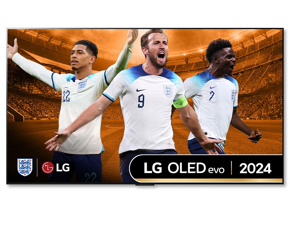 97" LG OLED G4 TV featuring a sleek black frame, vibrant 4K HDR display, and wall mount design, showcasing three football players in white and blue jerseys against a stadium backdrop.