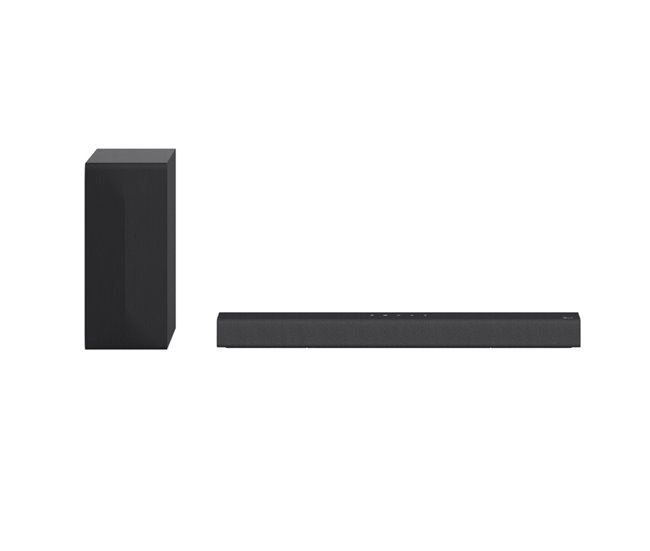 Black LG S60Q 2.1 soundbar with a sleek design and a matching subwoofer, featuring a minimalist look and Bluetooth connectivity for wireless audio streaming.