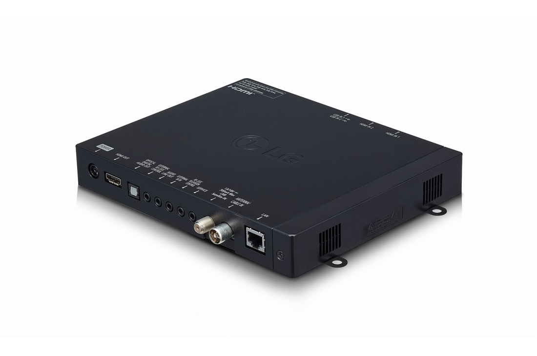 Black LG STB-6500 Smart TV Box with Full HD+ support, featuring multiple ports including HDMI, USB, and Ethernet, designed for Wi-Fi connectivity.
