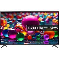 LG UHD AI 75-inch 4K Ultra HD Smart TV with thin black bezel, colorful display, and dual stand feet.