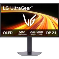 LG UltraGear 27-inch monitor with OLED display, dual mode, QHD 2560x1440 resolution, and sleek black stand.