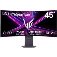 LG UltraGear 45" curved OLED gaming monitor, 5K2K resolution, 165Hz refresh, black stand, vibrant display graphics.