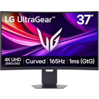 LG UltraGear 37" curved gaming monitor, black, with 4K UHD display, 165Hz refresh rate, and 1ms response time.