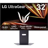 LG UltraGear OLED GX8 32" monitor, black frame, 4K UHD, 165Hz-330Hz, glare panel, sleek stand.