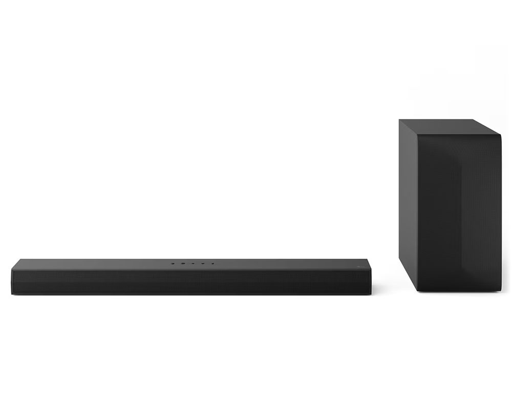 Black soundbar with a sleek, rectangular design and a separate matching subwoofer, featuring a textured finish and minimalistic controls on the top.