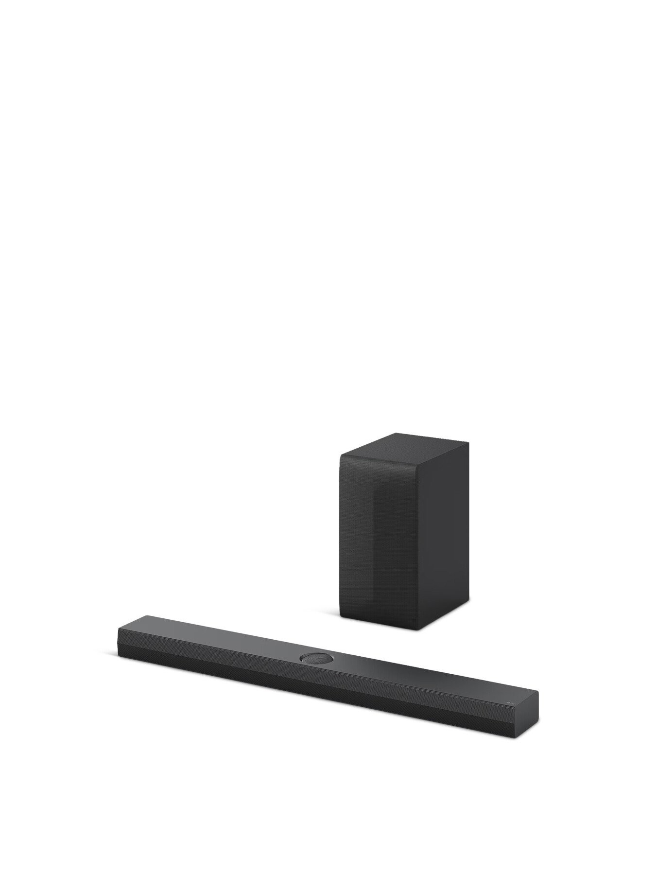 Black LG soundbar with a sleek design and a compact black subwoofer, featuring a minimalist aesthetic and textured surface.