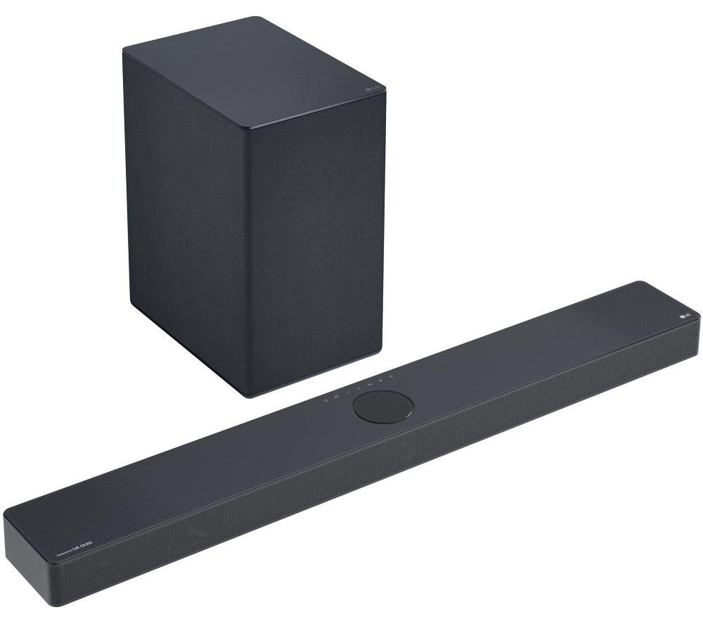 Black LG soundbar with a sleek design and a circular control button, paired with a matching black subwoofer, both featuring a textured finish.
