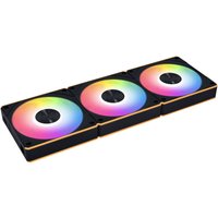 Black Lian Li computer case fan with three 12 cm RGB-lit circular fans in a rectangular frame.