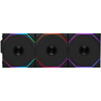 Black Lian Li computer cooling fan with three 12 cm fans, RGB lighting accents, and sleek modern design.