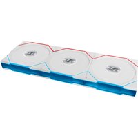 White Lian Li computer cooling fan system with three 12 cm fans, blue and red accents, sleek modern design.
