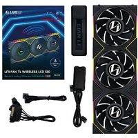 Black Lian Li computer cooling fan with three 12 cm blades, RGB lighting, and wireless LCD display.