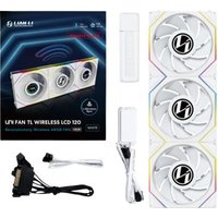 White Lian Li computer cooling system with three 12 cm fans, wireless LCD, and cables included.