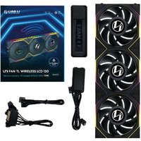 Black Lian Li computer case fan with three 12 cm blades, RGB lighting, and wireless control accessories.