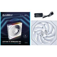 White Lian Li 14 cm computer case fan with spiral blade design and wireless control, includes black power adapter.