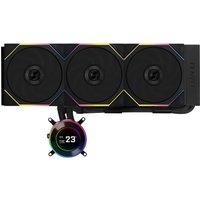 Black Lian Li liquid cooler with three 12 cm fans, RGB accents, and circular LCD display showing temperature.