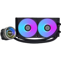 Lian Li GA II Trinity liquid cooler, black with dual 12 cm RGB fans and sleek round pump design.