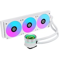 White Lian Li GA II Trinity liquid cooler with three RGB fans and sleek cylindrical pump.