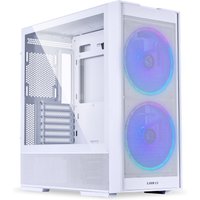 White Lian Li LANCOOL 206 tower case with tempered glass panel and dual RGB fans on the front.