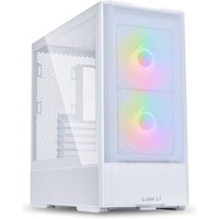 White Lian Li Lancool 207 midi tower with tempered glass panel and dual front RGB fans.