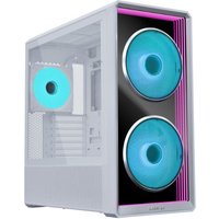 White Lian Li Lancool 217 INF Midi Tower with dual front RGB fans and tempered glass side panel.