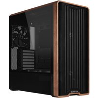 Black Lian Li Lancool LAN217X midi tower case with wood accents, mesh front panel, and side cooling fan.
