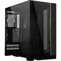 Black Lian Li O11 Dynamic EVO XL tower with tempered glass panels and RGB lighting strip on the front edge.
