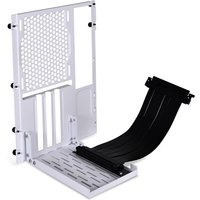 White Lian Li GPU bracket with perforated panel and black flexible cable support for computer case installation.
