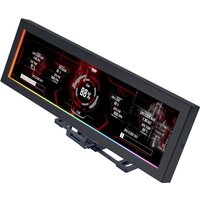 Black Lian Li SM088X Universal Display with wide screen, RGB lighting, and digital interface showing tech graphics.
