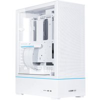 White Lian Li SUP01 tower case with mesh panels, tempered glass side, and blue accent line.