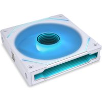 White Lian Li 14 cm computer case fan with blue LED lighting and square frame design.