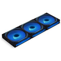 Black Lian Li Uni Fan 12 cm computer case fan with blue LED lighting, featuring a sleek rectangular design.