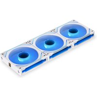 White Lian Li Uni Fan 12 cm computer case fan with blue LED lighting, featuring a sleek, modular design.