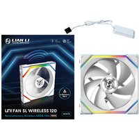 Lian Li white 120mm wireless computer fan with RGB lighting and sleek design, shown with packaging and connector.