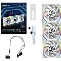 White Lian Li UNI FAN SL Wireless LCD 120mm computer case fans, 3-pack, with RGB lighting and accessories.