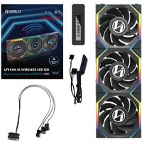 Black Lian Li UNI FAN SL Wireless LCD 120 Reverse Blade set with three fans, RGB lighting, and cables.