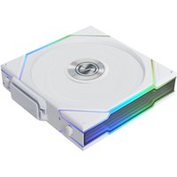 White Lian Li Uni Fan TL Wireless ARGB PWM 120mm with RGB lighting accents and sleek square design.