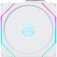 White Lian Li Uni Fan TL Wireless LCD 140 with reverse blade, RGB lighting, and central temperature display.