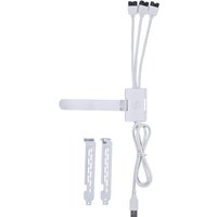 White Lian Li USB 2.0 1-to-3 Hub with Type A male connector and three output cables, includes mounting brackets.